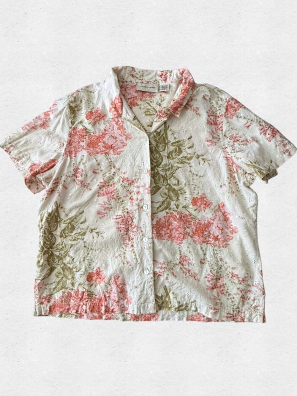 Floral Linen Blend Boxy Cream Shirt Lemon Grass XL Pink Roses Eyelet Cottagecore